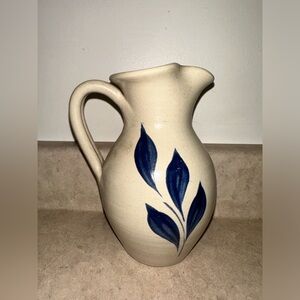 Williamsburg Pottery Stoneware Pitcher Cobalt Blue Leaves‎ Salt Glazed 6”